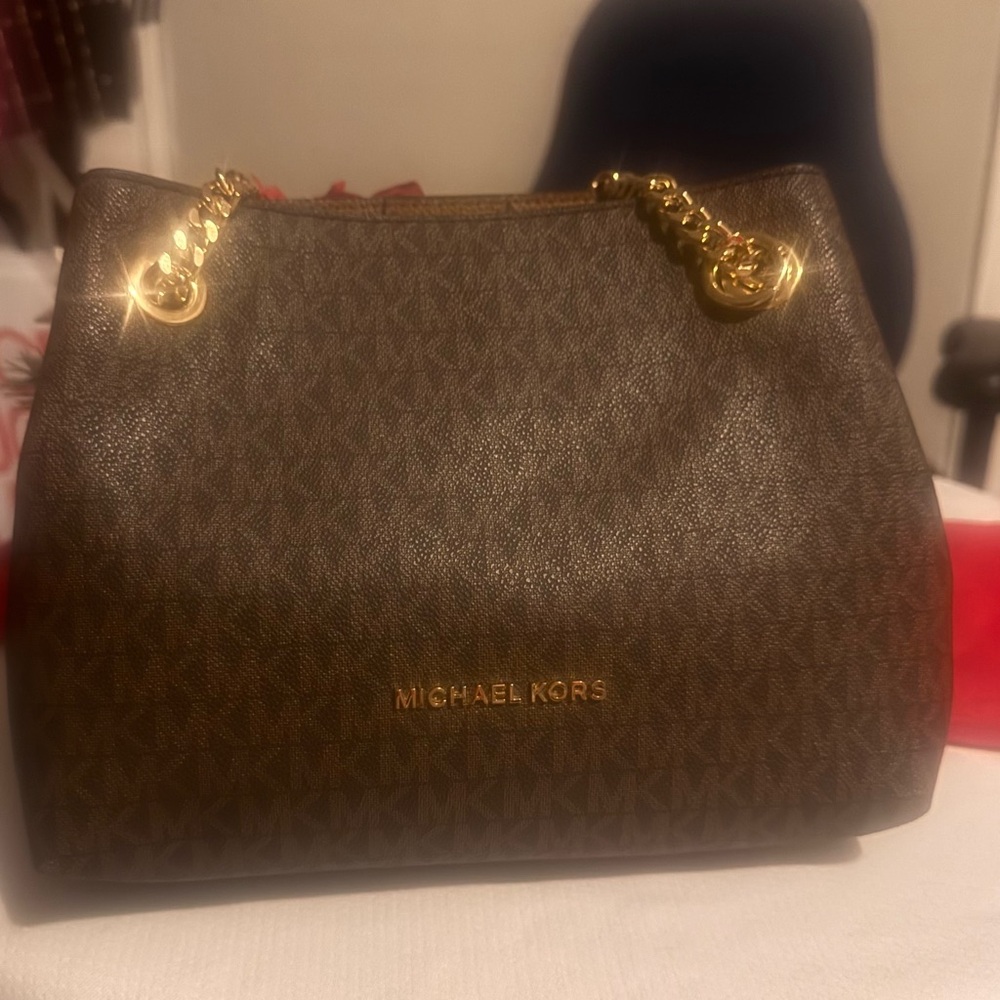 Michael Kors Dark Brown Shoulder Bag with Gold Chains